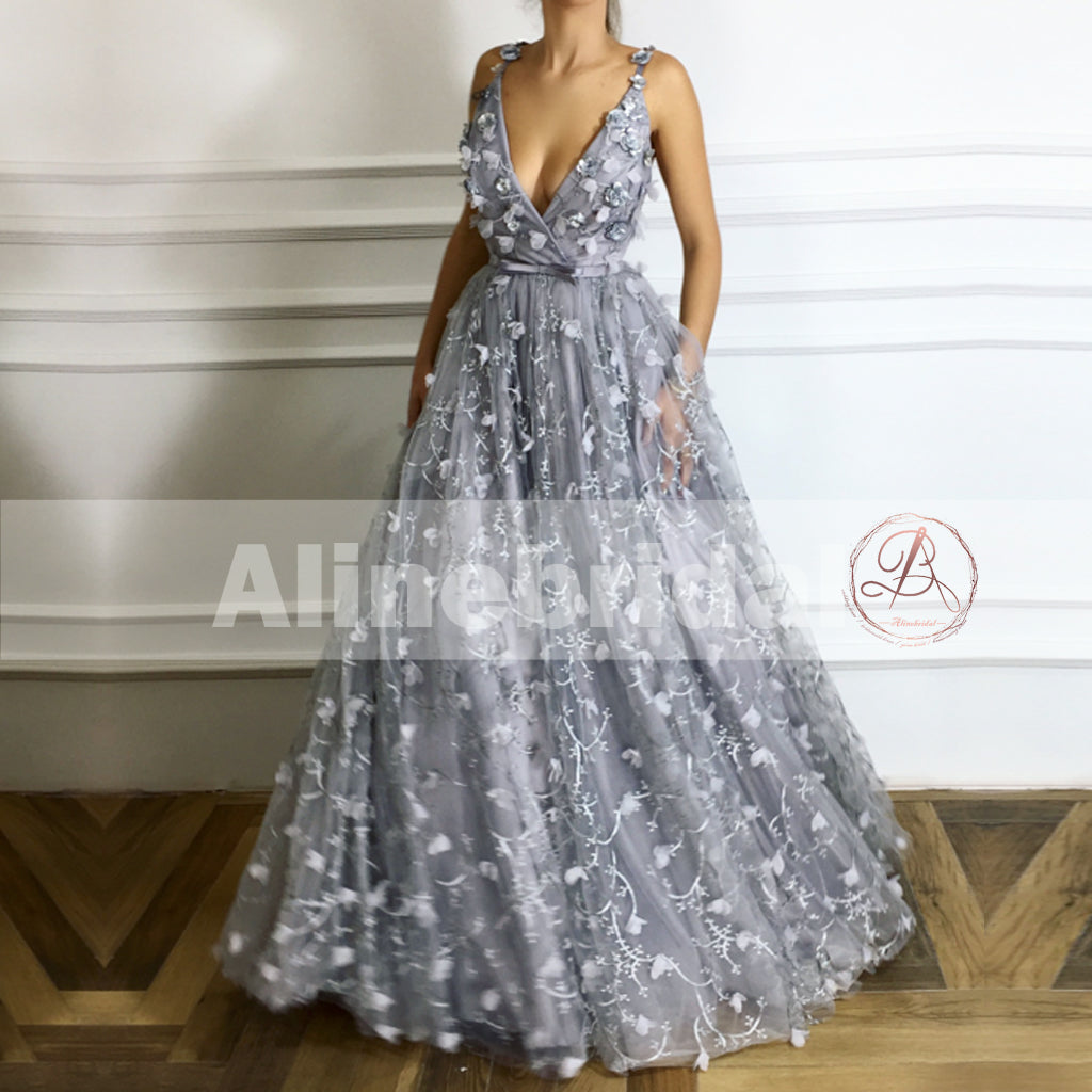 Light Grey Unique Lace Handmade Flowers V-neck Spaghetti Strap Prom Dresses ,PD00110