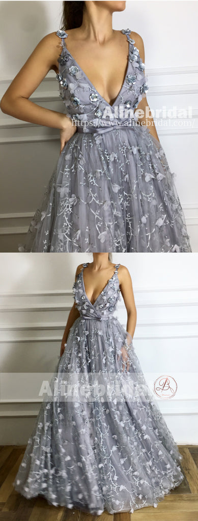 Light Grey Unique Lace Handmade Flowers V-neck Spaghetti Strap Prom Dresses ,PD00110