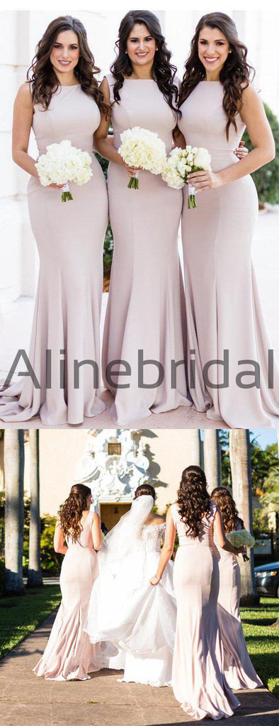 Light Pink Sleeveless Mermaid With Train Long Bridesmaid Dresses, AB4082