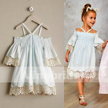 Light Tiffany Blue Unique Fashion Off Shoulder Half Sleeve Flower Girl Dresses, FGS067
