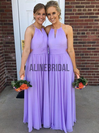 Lilac Chiffon Halter Simple A-line Long Bridesmaid Dresses, AB4010