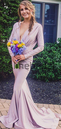 Lilac Long Sleeve V-neck Mermaid Bridesmaid Dresses, AB4056