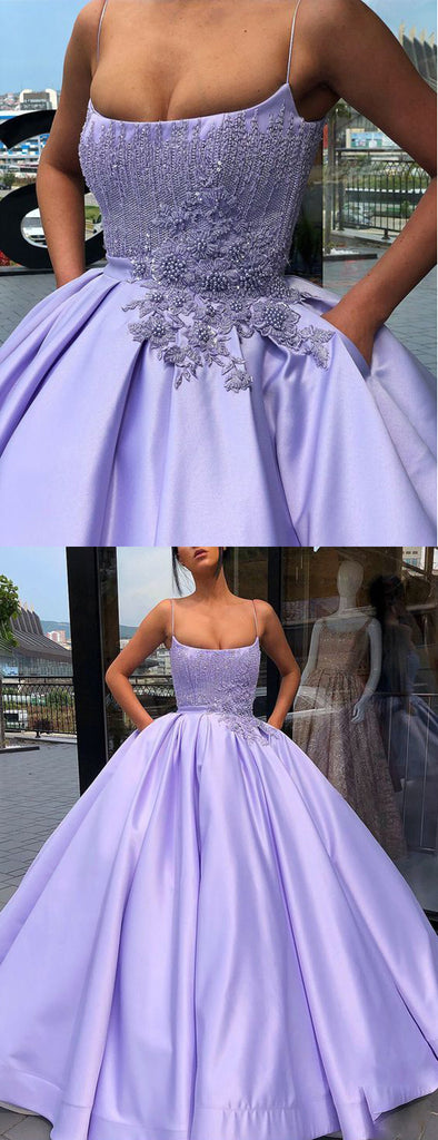 Lilac Satin Beading Applique Spaghetti Strap Ball Gown Prom Dresses,PD00188