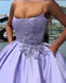 Lilac Satin Beading Applique Spaghetti Strap Ball Gown Prom Dresses,PD00188