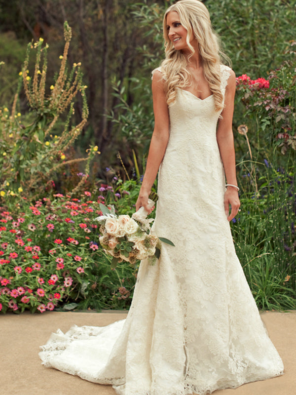 Long A-line  Wide Lace Shoulder Strap Deep V-back Sleeveless Train  Sweetheart Full Lace Country  Wedding Dress, AB1094