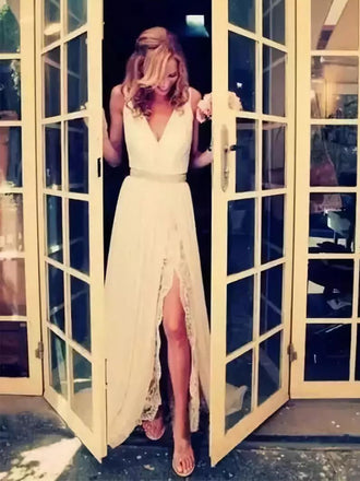 Long Custom White Simple Lace Elegant Wedding Prom Dress, PD0020