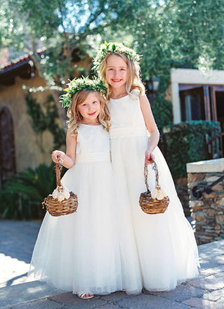 Long Ivory Simple Tulle Satin Flower Girl Dresses, FGS057