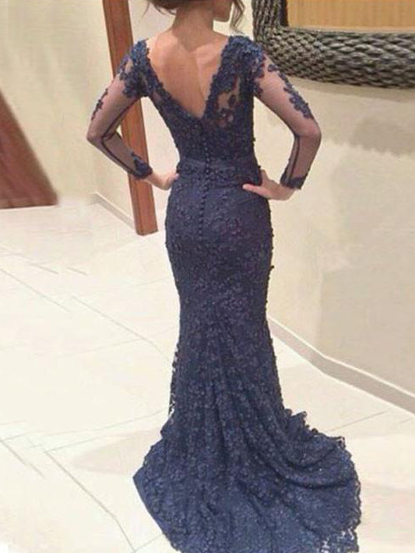 Long Sleeve Custom Navy Lace V-neck Mermaid Simple Formal Evening Prom Dress , PD0017