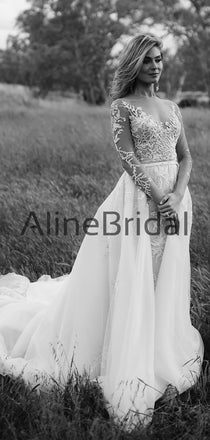 Long Sleeve Illusion lace Top Detachable Overskirt Wedding Dresses, AB1568