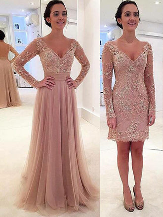 Long Sleeve Lace Tulle Pink Sexy V-neck Formal Prom Dresses,PD0034
