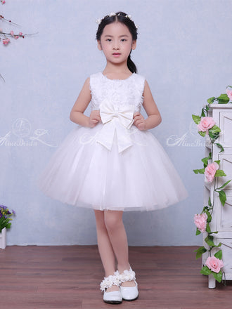 Lovely White Tulle Rose Floral With Bow Knot Flower Girl Dresses , FGS120