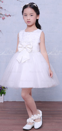 Lovely White Tulle Rose Floral With Bow Knot Flower Girl Dresses , FGS120