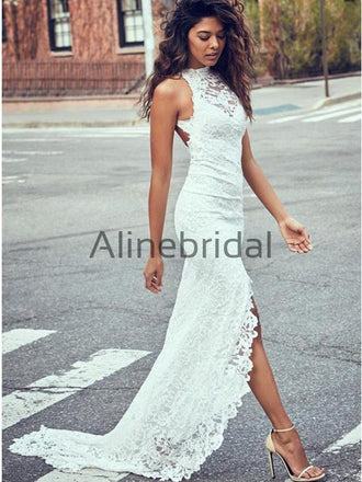 Romantic Ivory Full Lace Backless Mermaid Long Wedding Dresses, WD0578