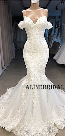 RomanticOff the Shoulder Mermaid  Lace Wedding Dresses with Train, WD1206