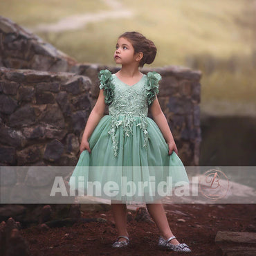 Mint Green  Appliques Tulle Pretty Sleeveless Short Flower Girl Dresses  , FGS075