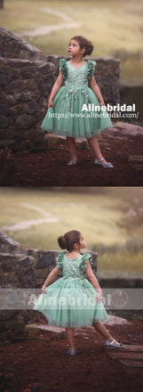 Mint Green  Appliques Tulle Pretty Sleeveless Short Flower Girl Dresses  , FGS075
