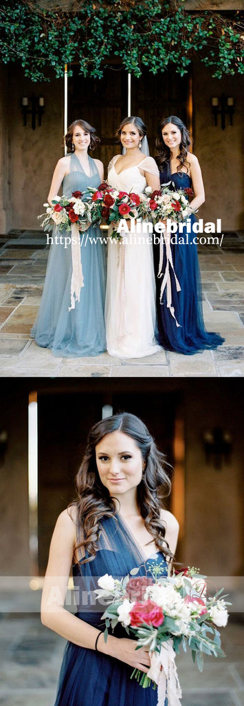 Mismatched Blue Tulle Sweetheart Long A-line Bridesmaid Dresses , AB1225