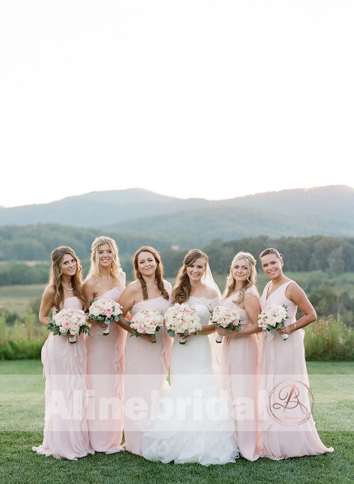 Mismatched Pink Chiffon With Unique Ruffles Split Bridesmaid Dresses , AB1223