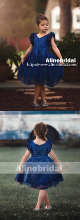 Navy Blue Appliques Tulle Pretty Sleeveless Short Flower Girl Dresses, FGS077