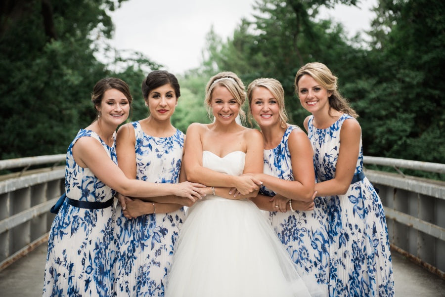 Navy Blue Floral Prints Round Neck Sleeveless Long Bridesmaid Dresses , AB1220