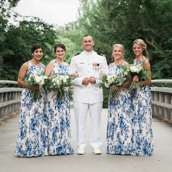 Navy Blue Floral Prints Round Neck Sleeveless Long Bridesmaid Dresses , AB1220