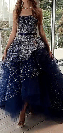 Navy Tulle Silver Beading Sequin Ball Gown Prom Dresses.PD00224