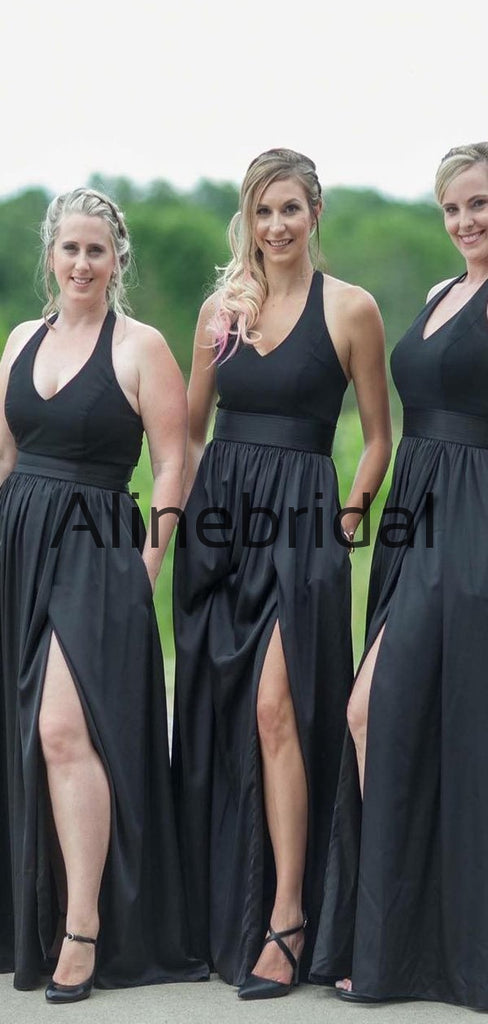 New Arrival A-line Black Side Slit Satin Long Formal Bridesmaid Dresses AB4221