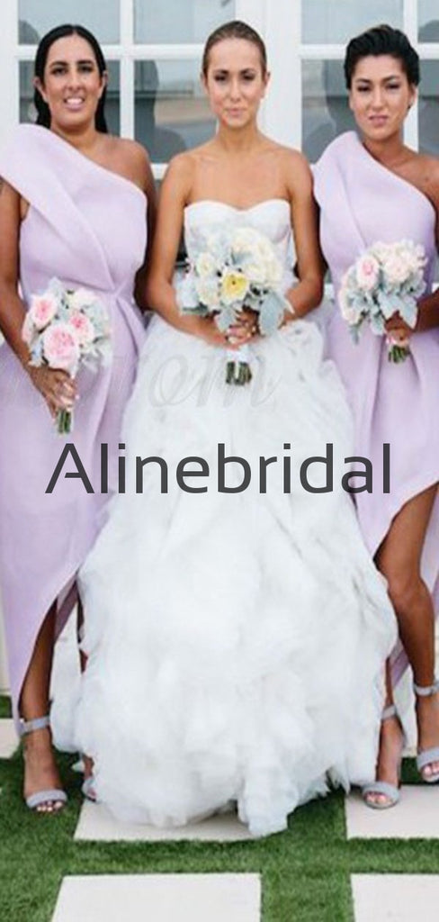 New Arrival One Shoulder Lilac Short Unique Bridesmaid Dresses AB4220