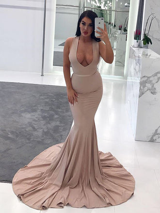 Nude Jersey Deep Scoop Neck Mermaid Train Formal Prom Dresses,PD00349