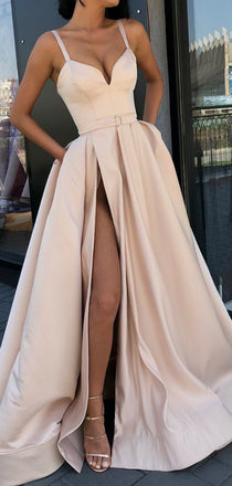 Nude Satin Spaghetti Strap Slit Sexy Prom Dresses,PD00156