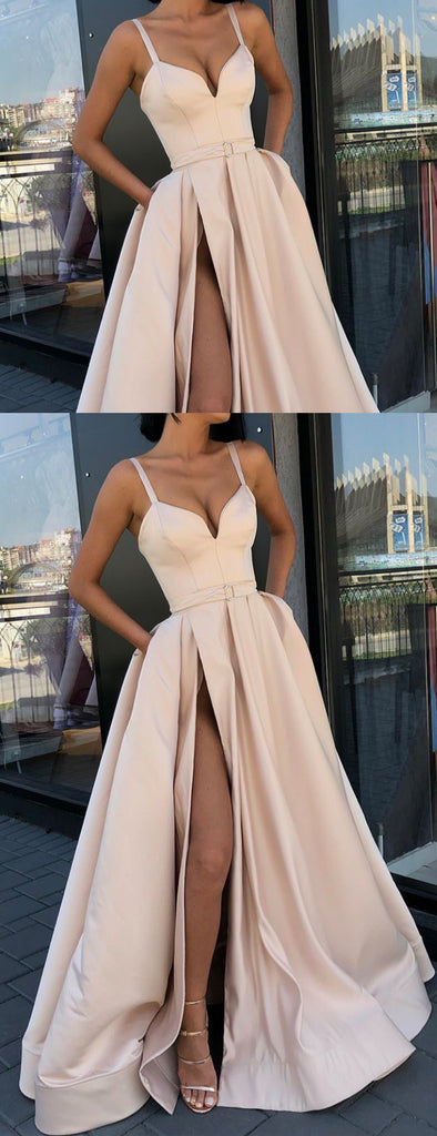 Nude Satin Spaghetti Strap Slit Sexy Prom Dresses,PD00156