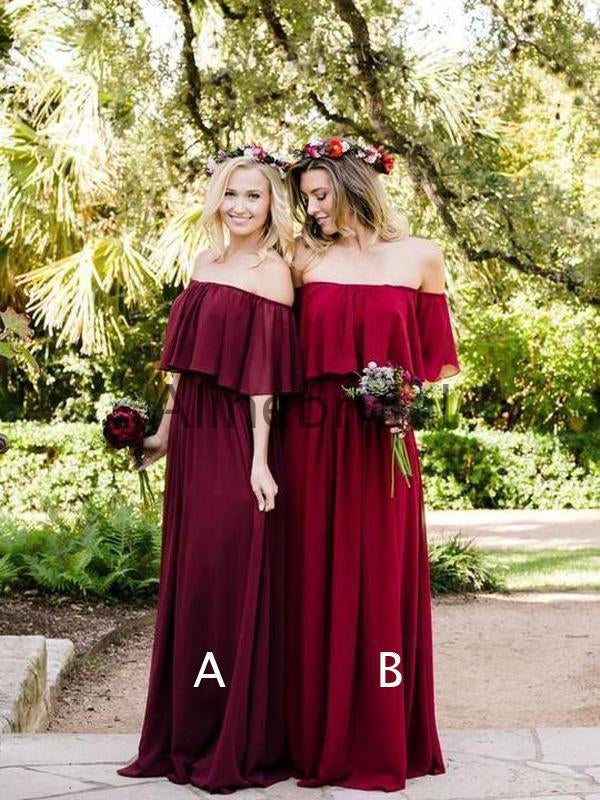 Off Shoulder Burgundy Chiffon Boho Wedding Bridesmaid Dresses, AB4084