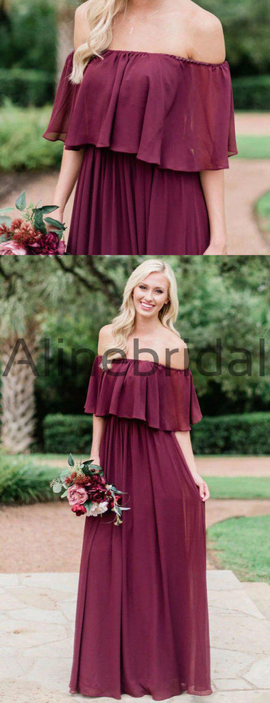 Off Shoulder Burgundy Chiffon Boho Wedding Bridesmaid Dresses, AB4084
