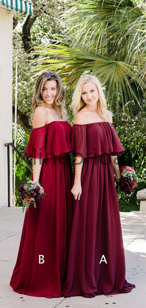 Off Shoulder Burgundy Chiffon Boho Wedding Bridesmaid Dresses, AB4084