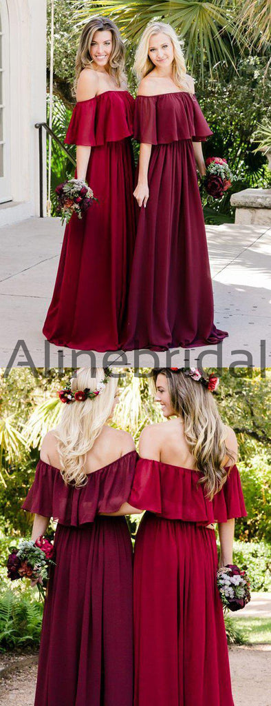 Off Shoulder Burgundy Chiffon Boho Wedding Bridesmaid Dresses, AB4084