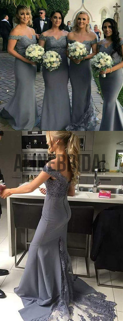Off Shoulder Grey Lace Mermaid Long Bridesmaid Dresses , AB4017