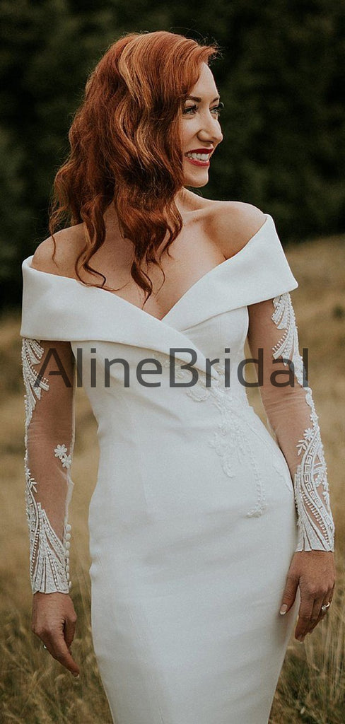 Off Shoulder Illusion Long Sleeve Beading Lace Satin Mermaid Wedding Dresses, AB1571