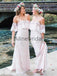 Off Shoulder Lace Light Pink Boho Wedding Bridesmaid Dresses, AB4061