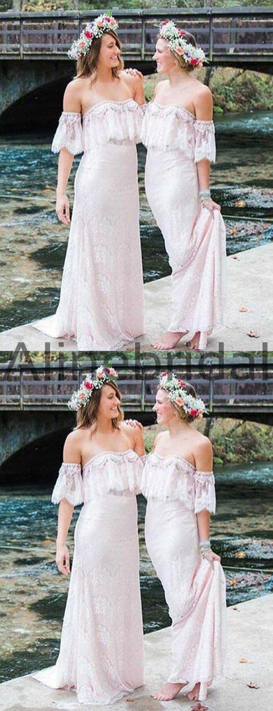 Off Shoulder Lace Light Pink Boho Wedding Bridesmaid Dresses, AB4061