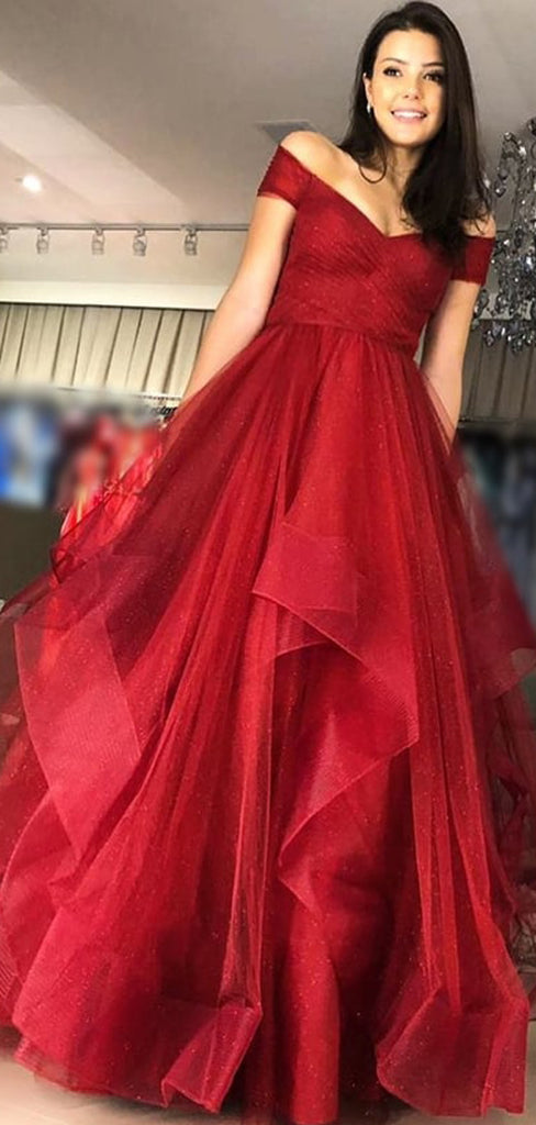 Off Shoulder Sparkly Red Sequin Tulle Ruffles Ball Gown Prom Dresses.PD00261