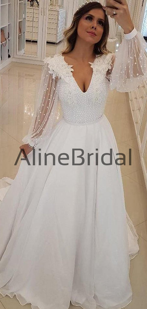 Off White Chiffon Beading Sheer Long Sleeve A-line Wedding Dresses , AB1537