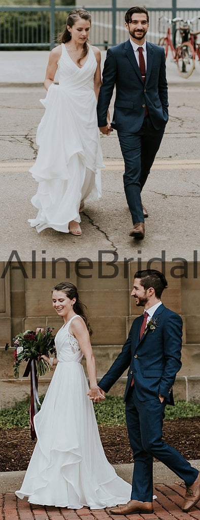 Off White Chiffon Open Back Sleeveless A-line Beach Wedding Dresses, AB1569