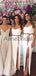 Off White Spaghetti Strap Slit Sheath Rose Ribbon Bridesmaid Dresses, AB4058