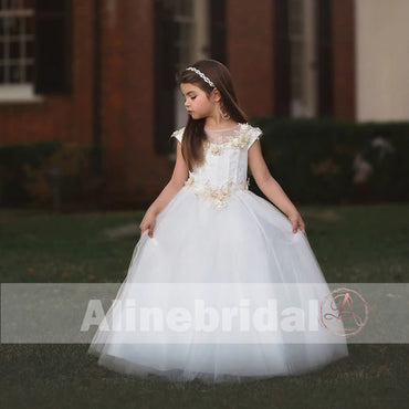 Off White Tulle Ivory Applique With Beads Cap Sleeve Long Flower Girl Dresses, FGS089
