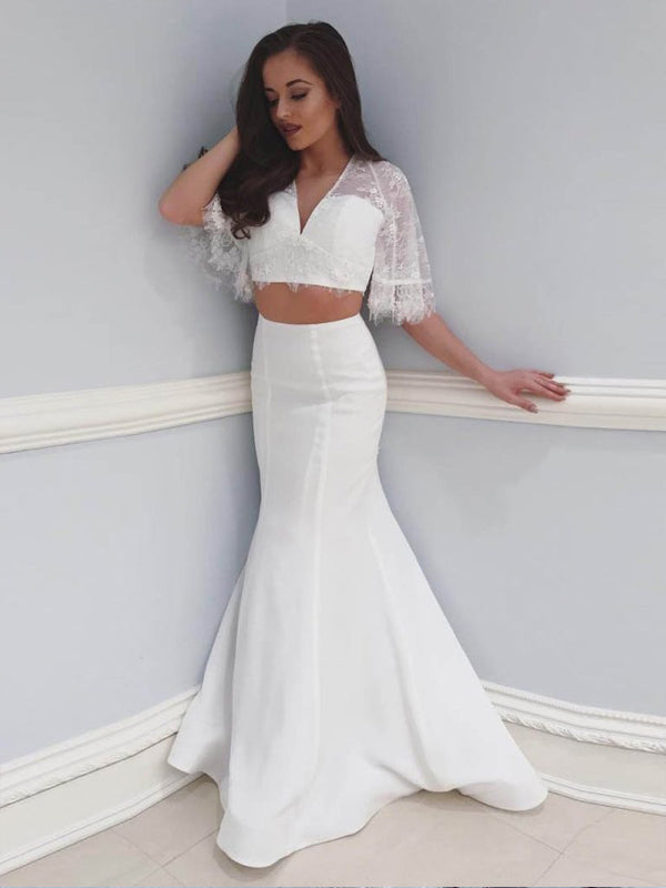 Off White Two Piece Lace Mermaid Boho Half Sleeve Wedding Dresses, AB1535