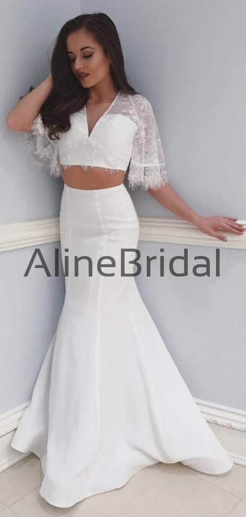 Off White Two Piece Lace Mermaid Boho Half Sleeve Wedding Dresses, AB1535