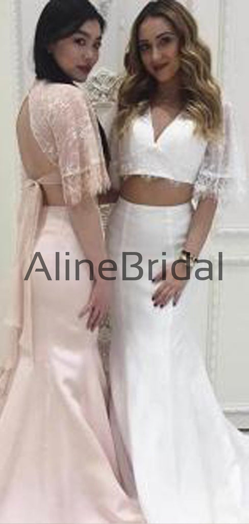 Off White Two Piece Lace Mermaid Boho Half Sleeve Wedding Dresses, AB1535