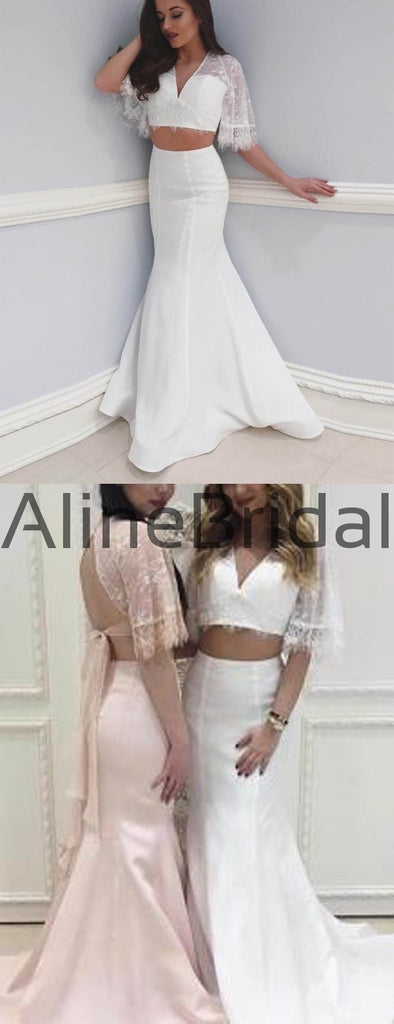 Off White Two Piece Lace Mermaid Boho Half Sleeve Wedding Dresses, AB1535