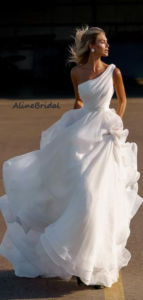 Classic One-shoulder Organza A-line Long Wedding Dress, WD3017