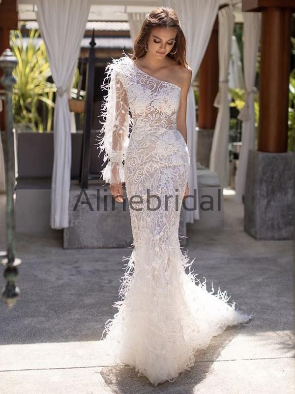 One Shoulder Mermaid Lace Modest Long Wedding Dresses WD0580
